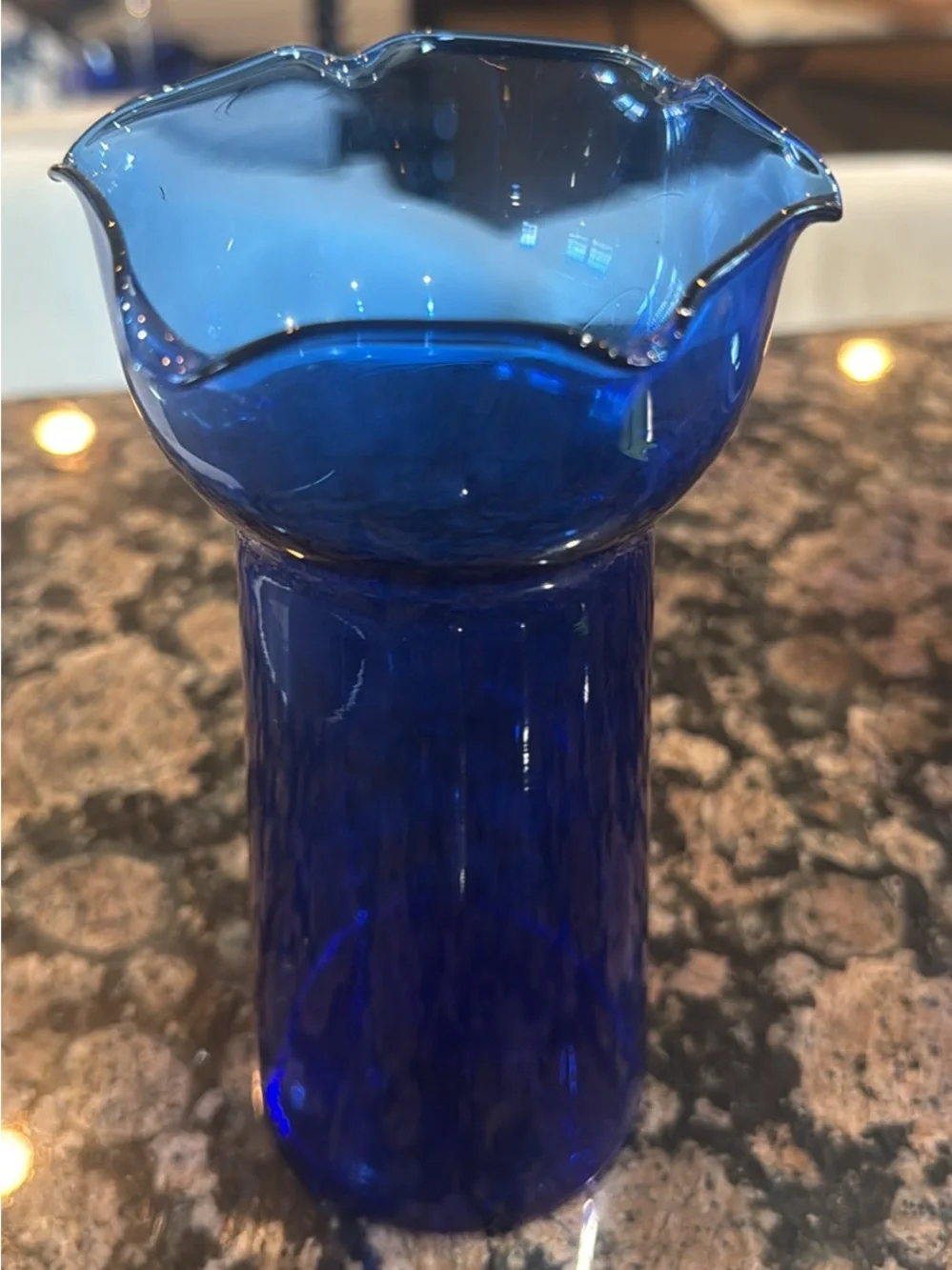 Vintage Cobalt Blue Glass Vase Ruffled Scalloped Rim Flared Tulip Chimney 7